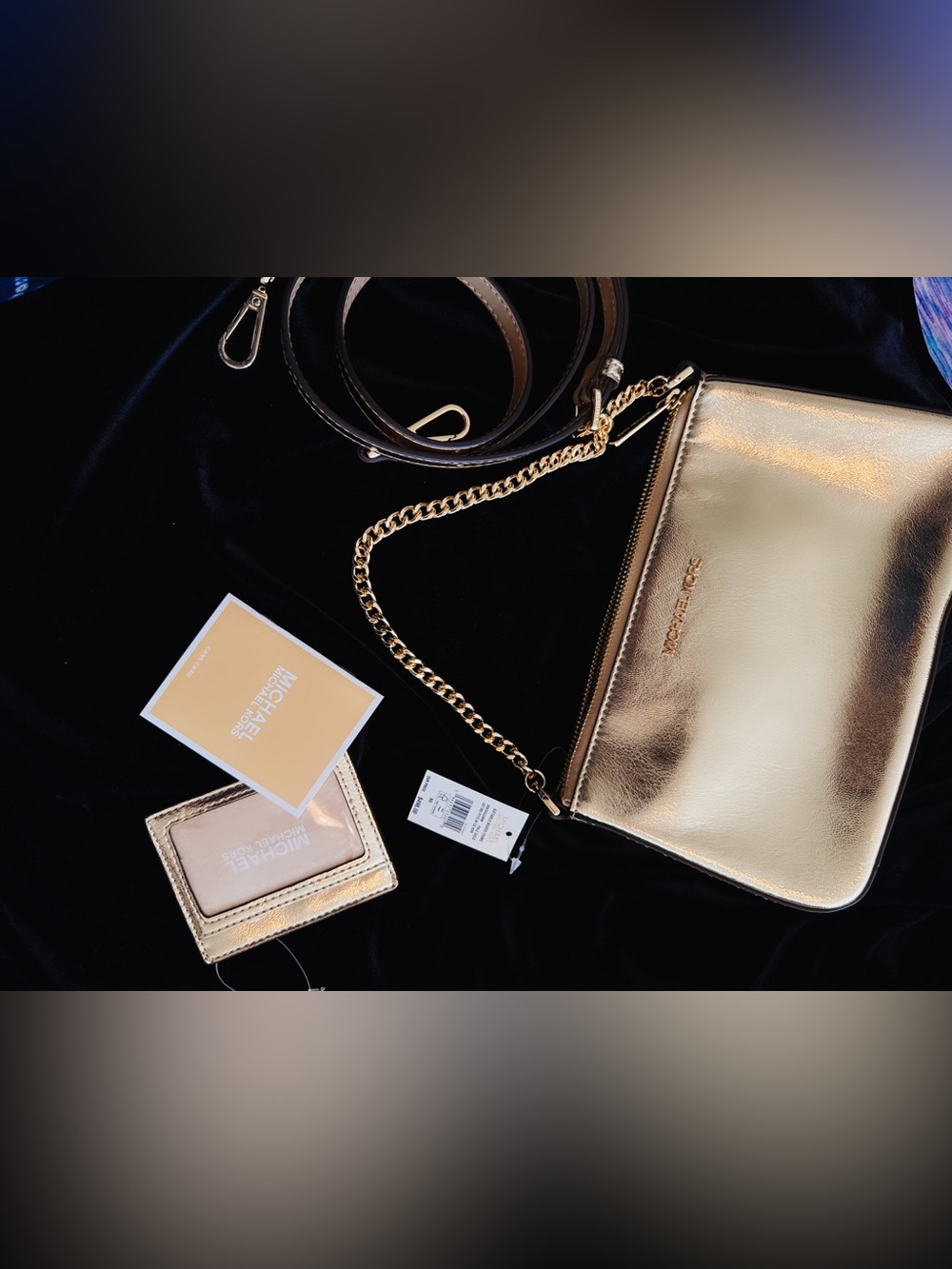 MICHAEL KORS Metallic Gold Leather Wristlet with Chain Strap
